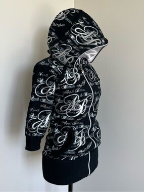 Apple Bottoms Black and White Logo-Print Hooded Zip Y2K Jacket